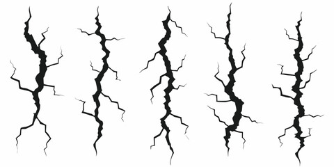 Collection of five black vertical cracks on a white background representing damage and destruction