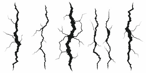 Collection of black crack illustrations on a white background symbolizing damage and destruction