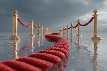 Elegant pathway marked with red rope barriers leading to a mysterious destination under dramatic clouds