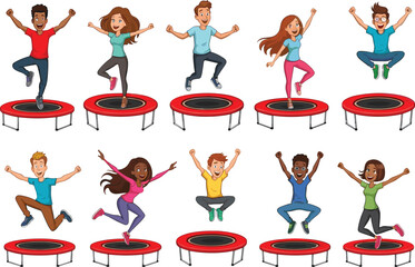Diverse Group of Happy Kids and Teens Jumping on Mini Trampolines, Fun Fitness Exercise Together