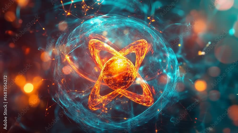 Poster atom particle nucleus orbiting electrons glowing energy physics science