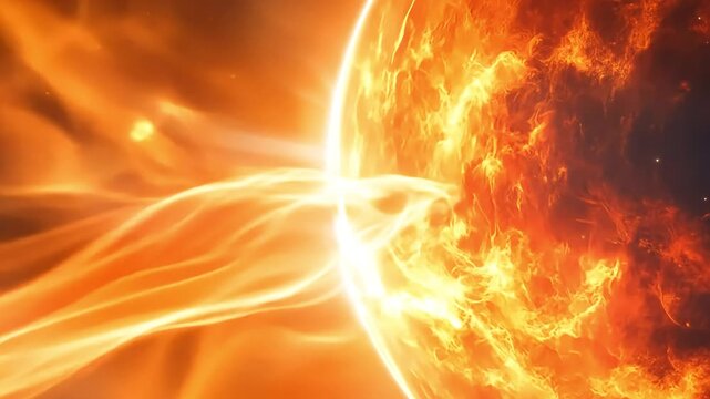 Dramatic close-up animation of a massive solar flare erupting from the suns fiery surface.