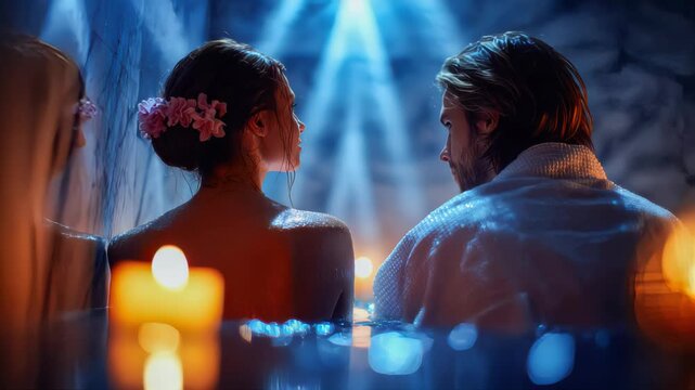 Relaxing couple sitting in a hammam spa with candlelight and steam atmosphere