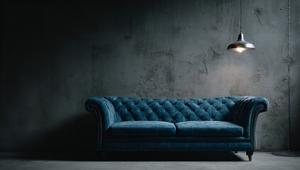 Blue Velvet Chesterfield Sofa Against Concrete Wall with Lamp Lighting in Dark Room, Minimalist Interior Design