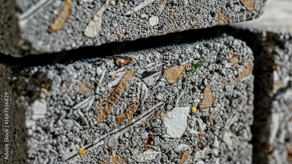 Poster detailed closeup focusing on the mixture texture of papercrete blocks showing recycled paper fibers 