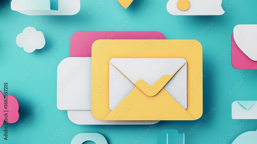 Poster email icons floating with clouds and hearts in a paper cutout style