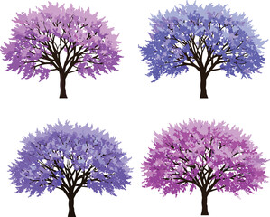 Obraz premium Colorful stylized tree illustration, purple foliage tree, blue foliage tree, pink foliage tree, seasonal fantasy tree art, vibrant botanical nature design, decorative vector silhouette