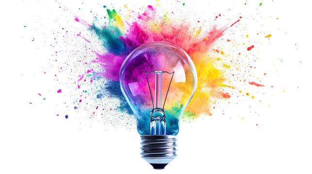 Creative conceptual image of transparent light bulb with vibrant paint explosion