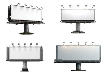 Four blank billboards on stands, ready for advertising, isolated on transparent background