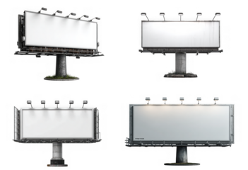Four blank billboards on stands, ready for advertising, isolated on transparent background