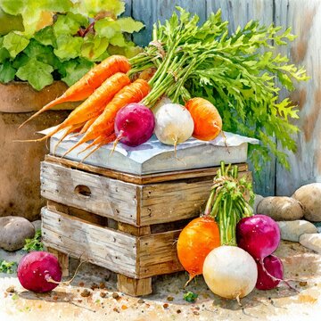 Bodeg&oacute;n de verduras en acuarela con zanahorias, r&aacute;banos y nabos sobre una mesa de madera