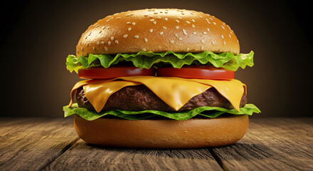 Juicy Cheeseburger with Sesame Seed Bun on Rustic Wooden Surface in Warm Light