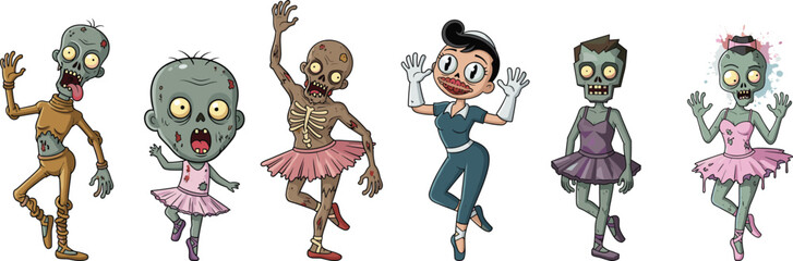Funny zombie ballerinas and human dancer performing ballet, Halloween theme, undead characters, spooky dance costume