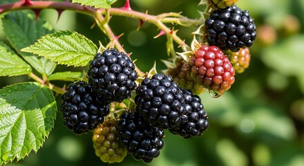Ripe Blackberries on Bush Outdoors.