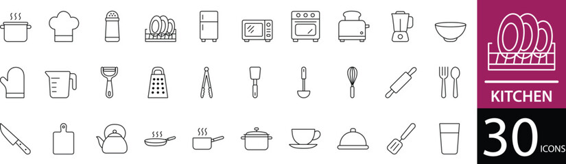  Minimal Kitchen Line Icon Set 30 Clean Outline Symbols for Cooking, Food, and Culinary Design