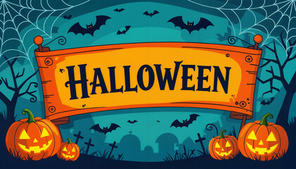 Halloween background with pumpkins, bats and signboard. 