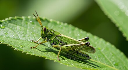 Vibrant Green Grasshopper Resting on a Leaf in Natural Light