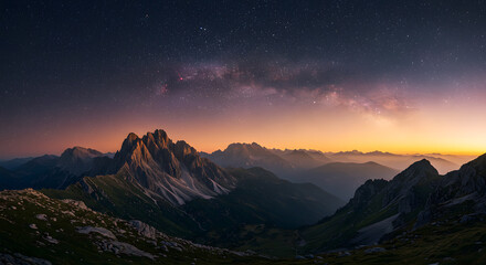 Starlit Sky Over Majestic Mountain Range During Twilight in Dolomites Regional Park