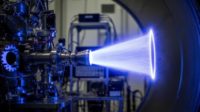 Visual of a space ion engine emitting energetic ions inside a vacuum test facility capturing the essence of electric space propulsion.
