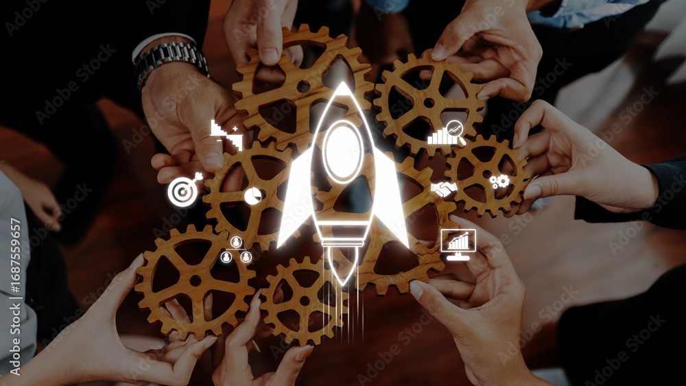 Aufkleber a visually engaging representation of collaboration, featuring hands working together with gear mech