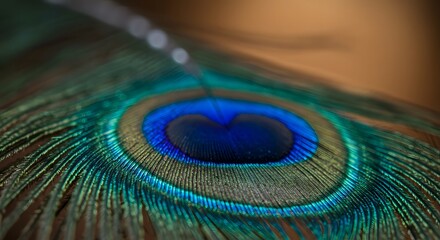 Fototapeta premium The elegant and intricate beauty of a single peacock feather, showcasing vibrant iridescent blue and green colors in a macro detail shot