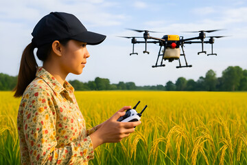 Woman Controlling Drone Over Fie