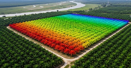 Futuristic agriculture concept with a vibrant spectral analysis of a plantation field from an aerial drone perspective