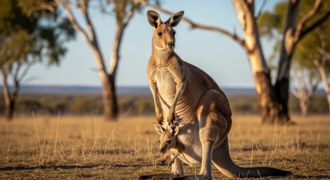 Eastern Grey Kangaroo with Joey in Pouch, Australia Wildlife