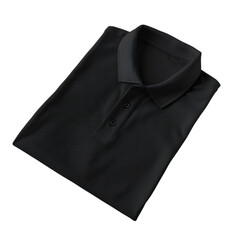 A folded black polo shirt with a collar and buttons, isolated on a transparent background, showcasing its texture and design