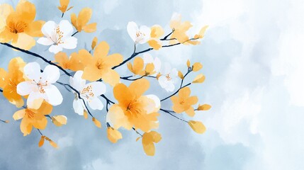 Obraz premium A painting of a branch with yellow and white flowers