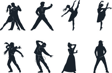 Silhouettes of diverse dancers performing ballet, hip-hop, ballroom, modern dance styles, expressive movement, artistic poses