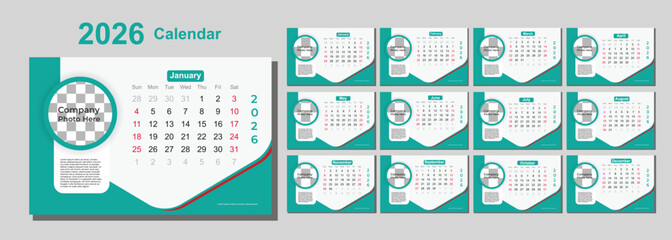 Desk calendar 2026 template | corporate desk calendar schedule 2026 monthly 12-page planner layout | week starts on Monday