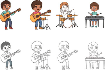 Kids playing instruments, cartoon music band, guitar, drums, keyboard fun, music education, children performance, colored and lineart versions