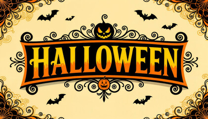 Halloween background with pumpkin, bats and text. 