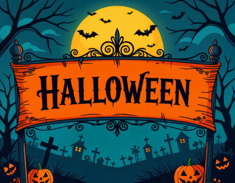 Halloween background with pumpkins, cemetery, moon and bats. Vector illustration