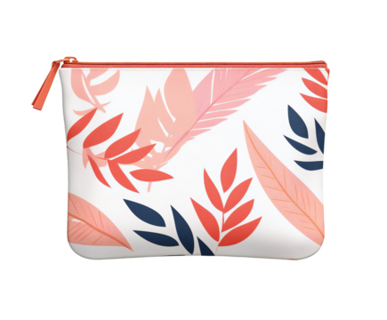 A white cosmetic bag with a coral zipper and a vibrant tropical leaf pattern in shades of coral, pink, and navy blue, isolated on a transparent background