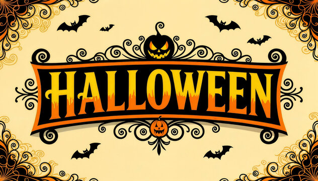 Halloween background with pumpkin, bats and text. 
