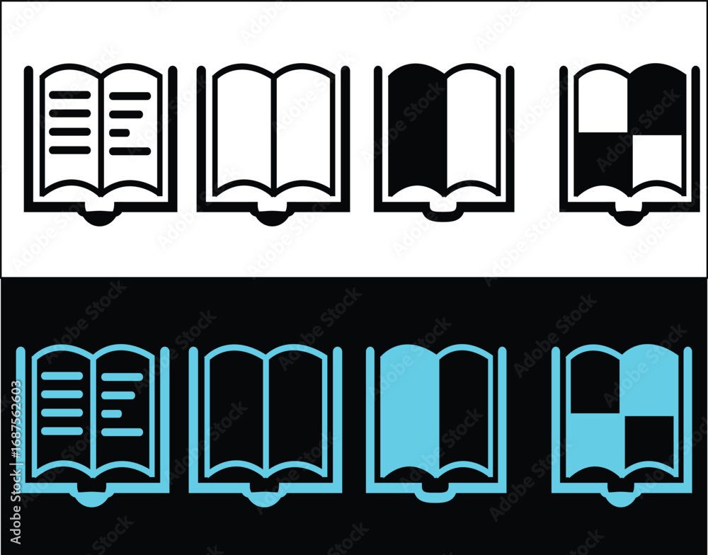 Poster a versatile set of 8 minimalist open book icons with various styles and color schemes. perfect for e