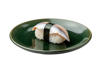 A single piece of fresh sushi, showcasing a delicate fish and rice combination on a dark green plate.