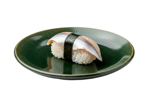 A single piece of fresh sushi, showcasing a delicate fish and rice combination on a dark green plate.