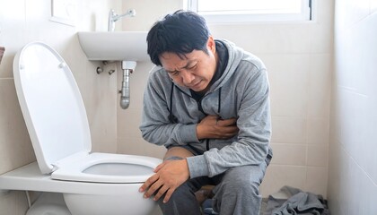 Man in bathroom with stomach ache