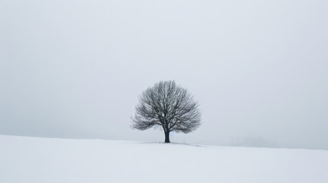 Lonely tree stands out in a snowy landscape under a gray sky during winter