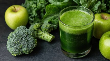 Fresh green juice in glass with apple, broccoli and spinach on dark background
