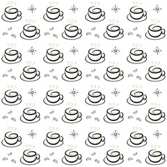Seamless pattern of coffee cups.  Coffee cup doodle. Coffee cup background. Vintage coffee pattern
