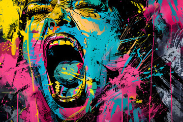 Expressive emotional outburst: Colorful abstract portrait of a screaming figure