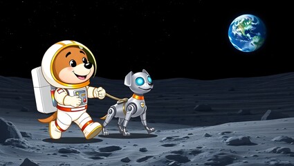 Naklejka premium A cartoon dog astronaut walks a robot dog on the moon, with earth visible in the background, creating a whimsical scene of space exploration and companionship