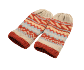 A pair of cozy, handknitted wool mittens with a traditional nordic pattern in red, blue, and cream, isolated on a transparent background