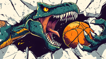 Fierce green dinosaur breaking through wall holding basketball design for sports enthusiasts