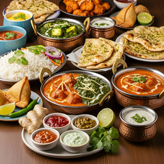 Grand North Indian Cuisine Spread with Butter Chicken, Palak Paneer, Naan and Samosas