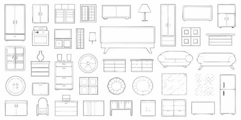 Collection of hand drawn furniture and home decor items in a simple line art style